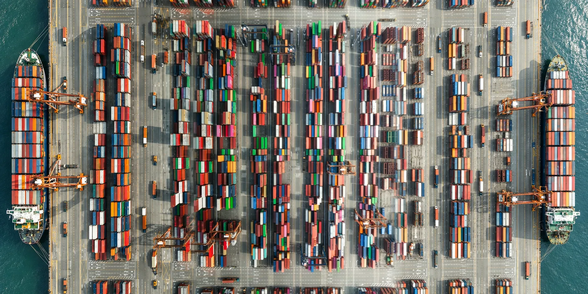 Container rows between cranes, seen from above