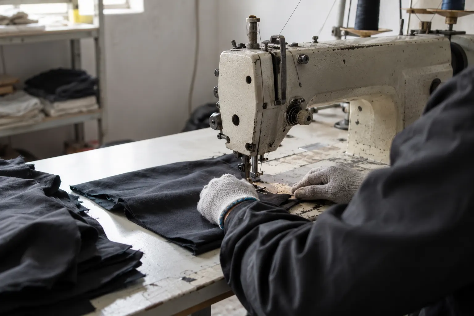 Workers sewing products at a factory