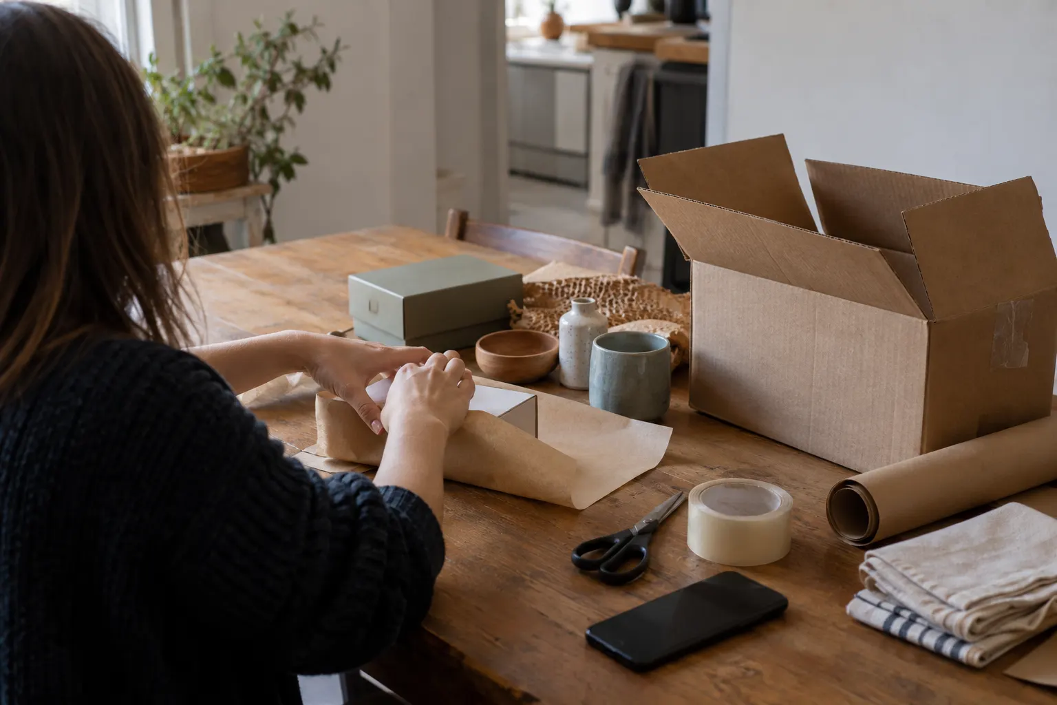 A small seller packing orders at home