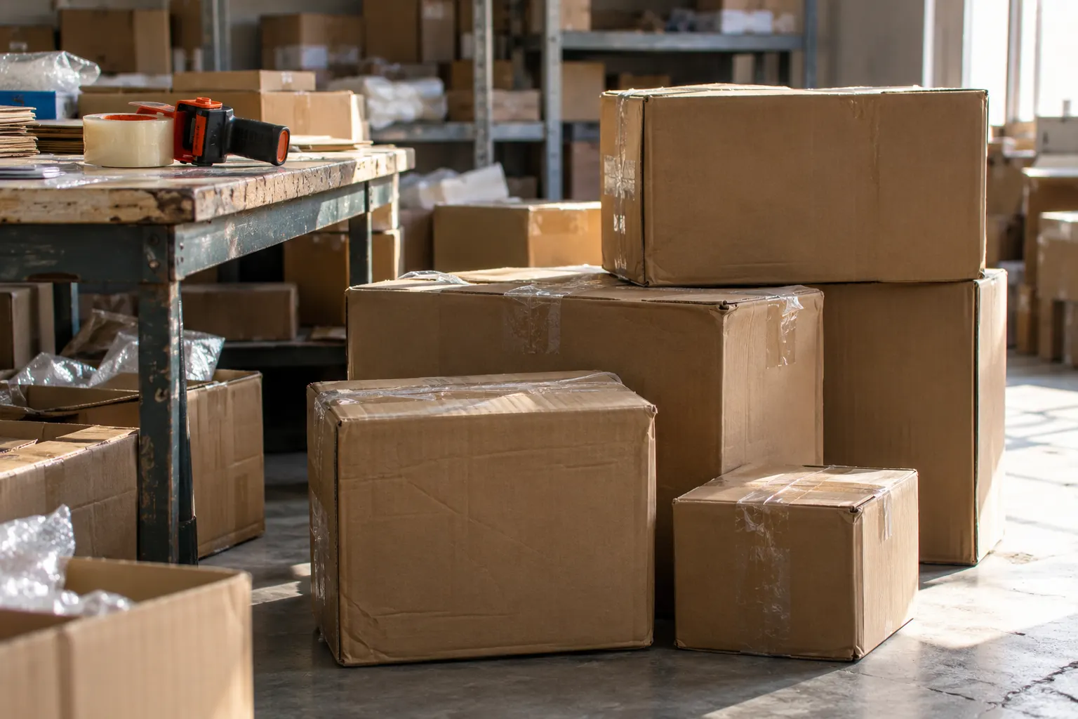 Cartons packed for shipment in a warehouse