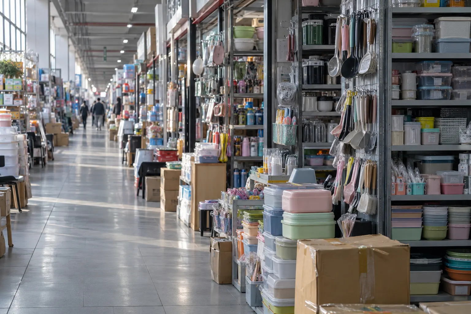 A corridor in Yiwu's trade market, with open space on the left and shelves on the right