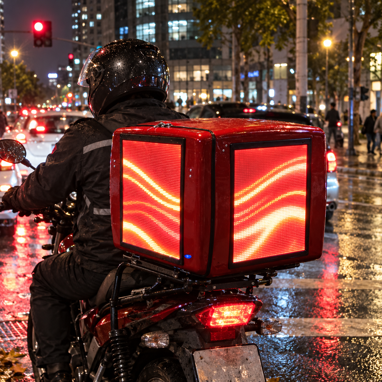 LED motorcycle delivery box in use